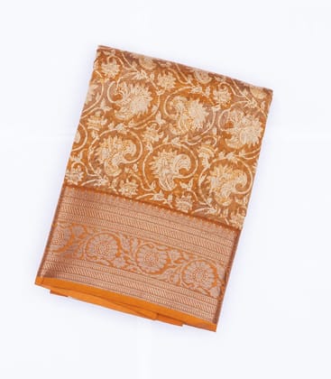 Mustard Chanderi Cotton Saree With Printed Floral Vine Motifs-Mustard