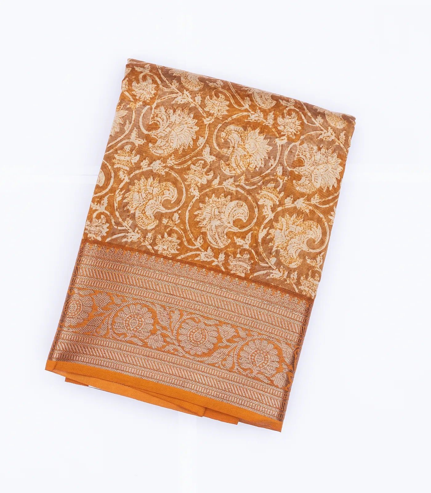 Mustard Chanderi Cotton Saree With Printed Floral Vine Motifs-Mustard