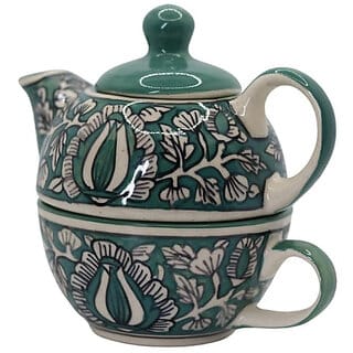 Handcrafted Ceramic Teapot and Cup Set-Elegant Green and White Floral Design