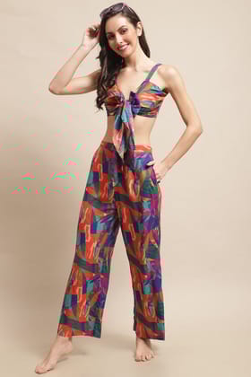 Multi Color Abstract Printed Viscose Rayon Pyjama & Top  Beachwear For Woman-s