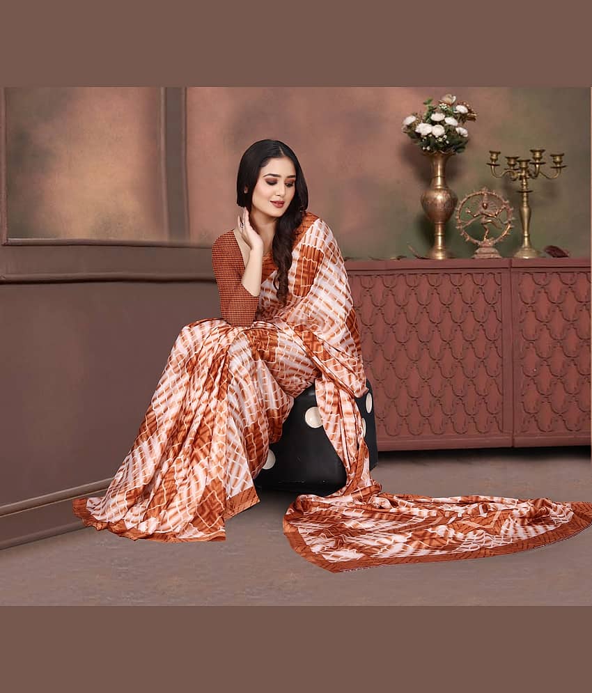 JIHANA FAB Georgette Printed Saree With Unstitched Blouse Piece ( Brown )