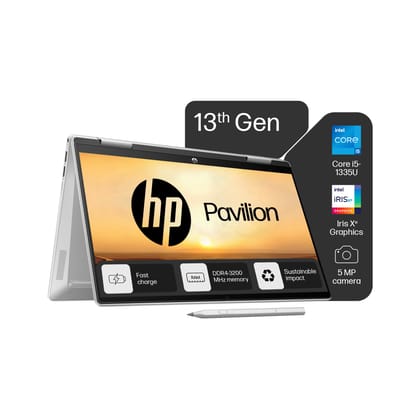 HP Pavilion x360, 13th Gen Intel Core i5-1335U (16GB DDR4, 1TB SSD) FHD, 14''/35.6 cm, Touchscreen 2-in-1, Win 11, Office 21, Silver, 1.51 kg, ek1010TU/1149tu, FPR, 5MP Camera, B&O, Backlit Laptop HP Pavilion x360, 13th Gen Intel Core i5-1335U (16GB DDR4, 1TB SSD) FHD, 14''/35.6 cm, Touchscreen 2-in-1, Win 11, Office 21, Silver, 1.51 kg, ek1010TU/1149tu, FPR, 5MP Camera, B&O, Backlit Laptop