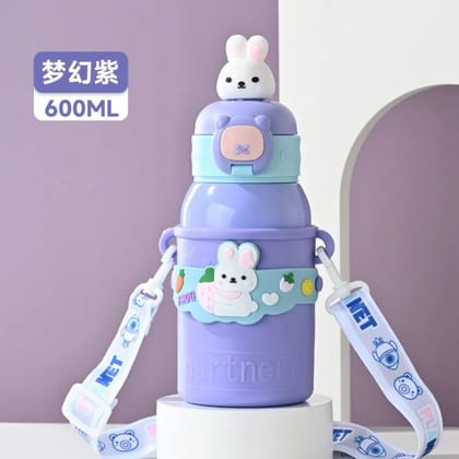 Little Station Kuggi Stainless Steel Water Bottles, 500 ML Insulated Double Wall Water Bottle With Tredy Strap Perfect For School (Purple)