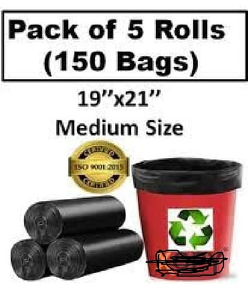 Premium Disposable Garbage Bags | Medium size 19 x 21 inches, 30 Bags per Roll, 150 Count | Black Color | Dustbin covers for Wet and Dry Waste (Pack of 5)