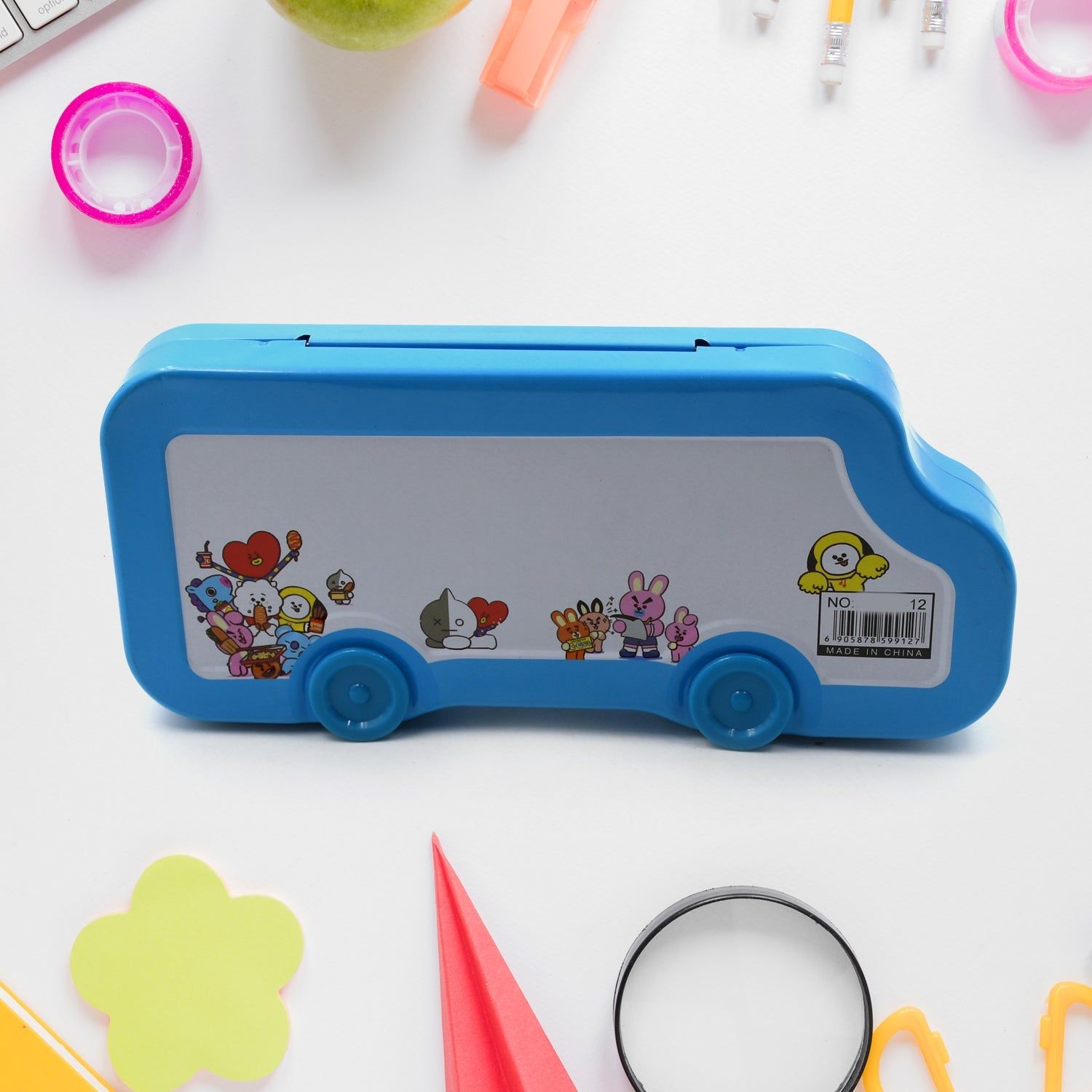 Bus-Shaped Compass Box for Boys: Kids School Accessories - Pencil Box with Wheels for Girls and Kids, String-Operated Case