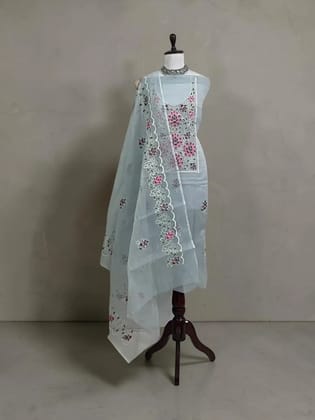 Kota Doria Cotton-Silk Dress Material with Hand-Embroidered Rose Border Kota Doria Cotton-Silk Dress Material with Hand-Embroidered Rose Border