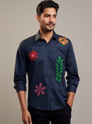 Navy Floral Printed Casual Shirt-NAVY / S