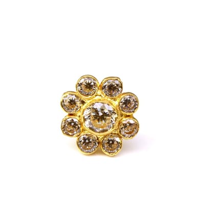 Real Gold Daisy Nose stud 14K White CZ Indian piercing nose ring Push Pin-6.9 mm