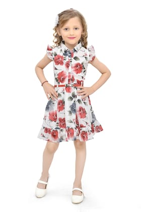 Be:Kids Floral Print Pleated Dress with Belt for Girls - Red and Blue on White