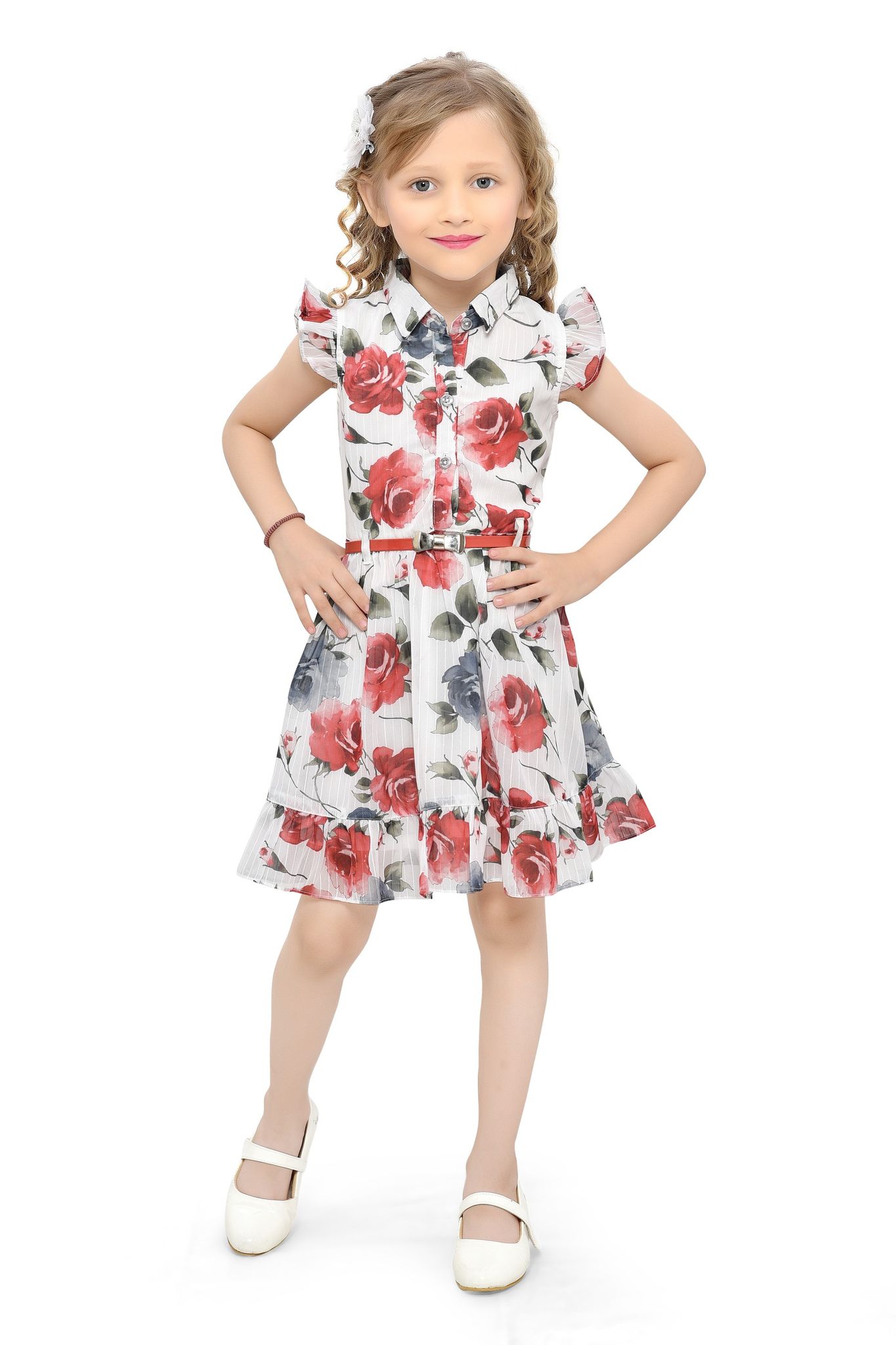 Be:Kids Floral Print Pleated Dress with Belt for Girls - Red and Blue on White