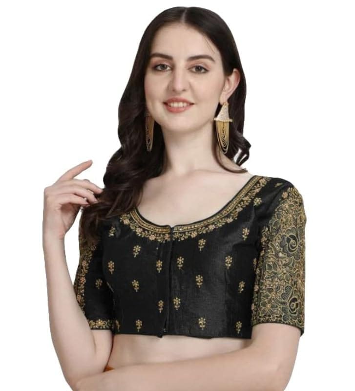 Women's Phantom Silk Woven Round Neck Short Sleeve Readymade Blouse (Black, Free Size)-PID57711
