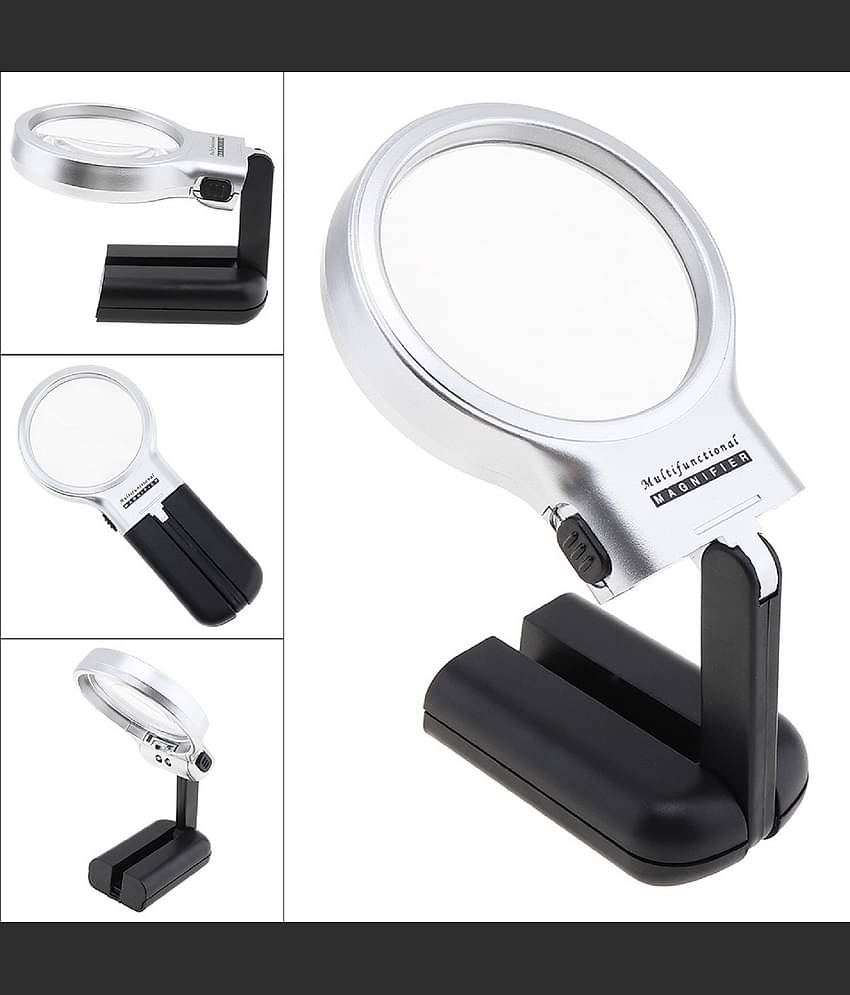 SHB 3X 2.44" Magnifier with 2 Built-in LED Lghts, Adjustable Angle Multifunctional Portable Plastic Optical Magnifying Glass for Reading, Hands Free Magnifying Glass with LED Light Stand
