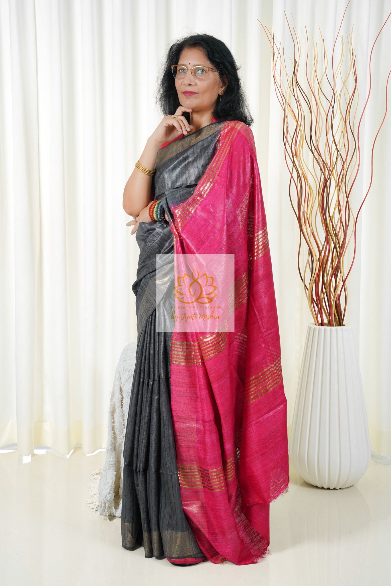 Pure Ghichha Tussar Silk With Zari Border- Dark Grey Pink