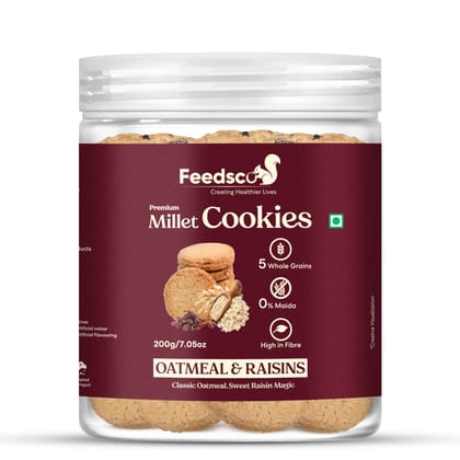 Feedsco Millet Oatmeal & Raisins Cookies - Multigrain, Premium Handmade Healthy Snack Biscuits | No Preservatives | Ideal Kids Snack, Tiffin Box Treat