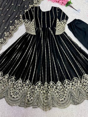 Fancy Naira Cut Gown, Bottom And Dupatta With Embroidery Sequence Work