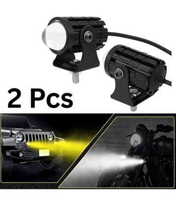 Aksmit (Set of 2 Pcs)  Mini Drive Projector Lens Led Bar Fog Light for Car, Bike, Scooty With White & Amber Yellow Hi-Lo Beam, Metal Body