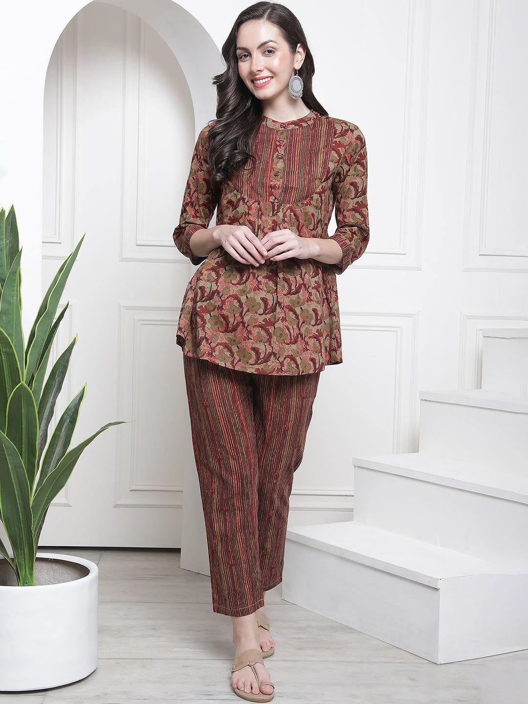 Maroon Color Striped Printed Cotton Co-ord Set-s