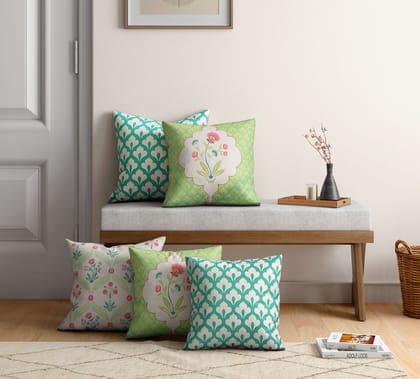 India Circus Blooming Dahlia - Satin Blend Cushion Cover Set Of 5 - 18 X 18 Inch