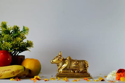 Brass Nandi Maharaj with shivalinga on the back (Color - Golden, Size - 3.5H *5.5L*3.5B) by Snova Enterprises