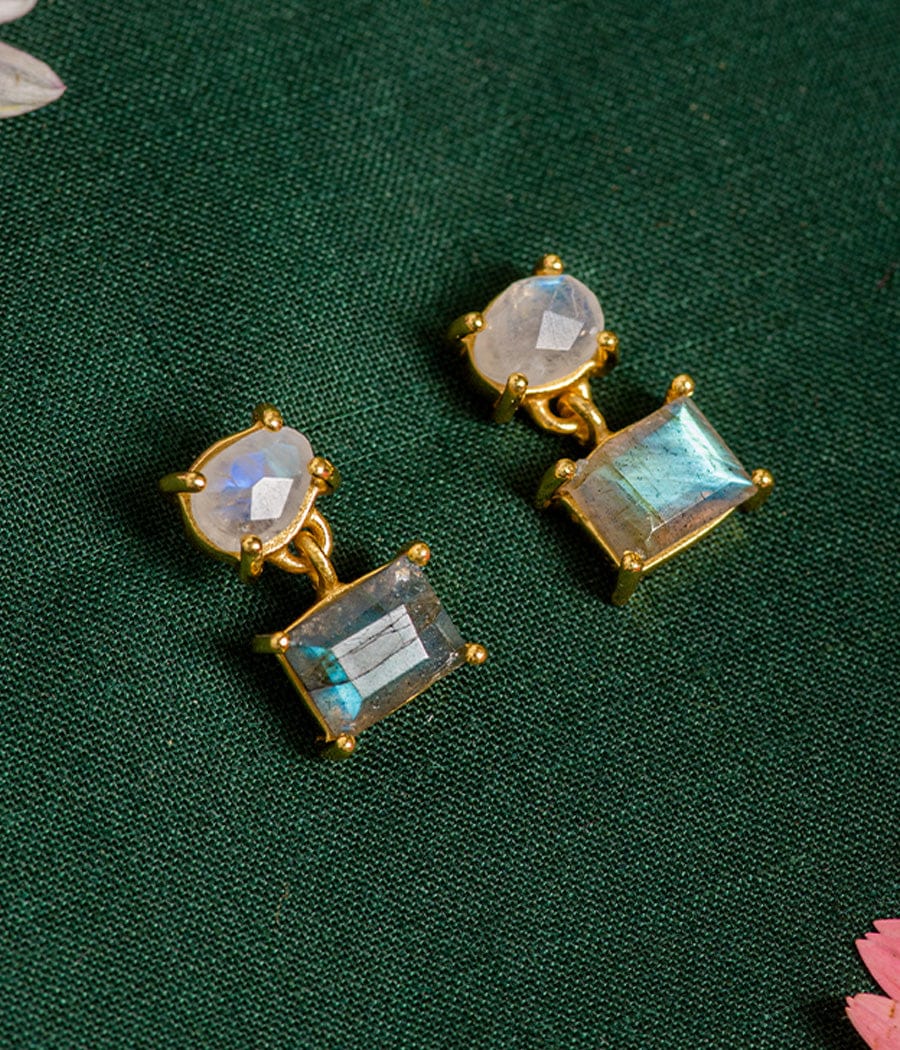 Labradorite & Rainbow Moonstone Gold-Plated Earrings-Brass with gold