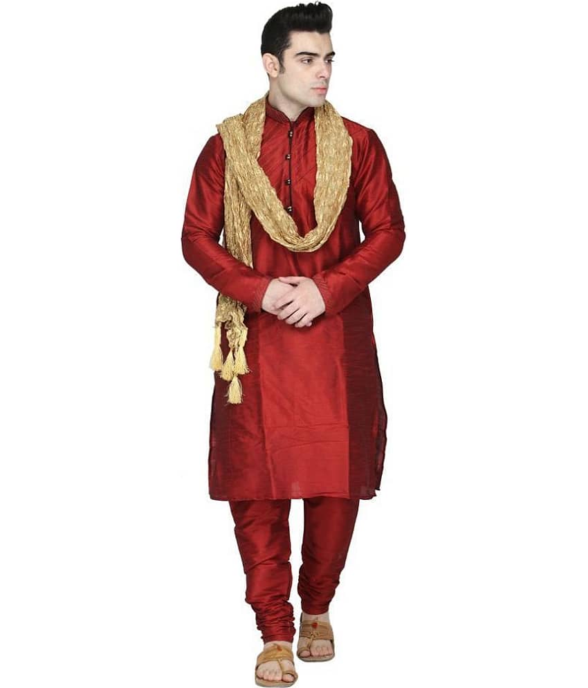 SKAVIJ Red Silk Blend Kurta Pyjama Set