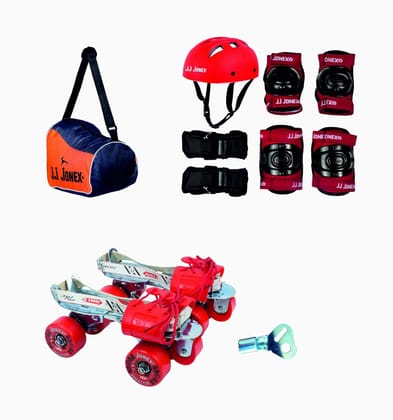 JJ JONEX Unisex Tenacity Adjustable Rollerderby Wheel Skates Combo (Skates+Helmet+Knee Pad+Elbow Pad+Gloves+Key+Bag) Suitable for Age 6-11 (Medium), Red