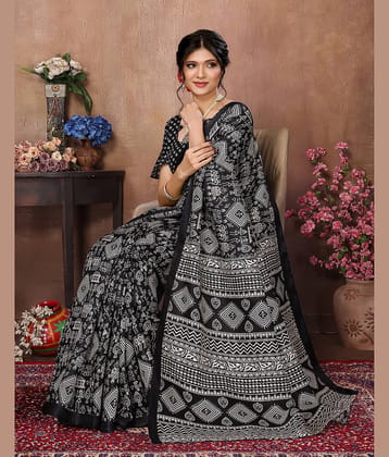 Yashika Art Silk Printed Saree With Unstitched Blouse Piece ( Black )