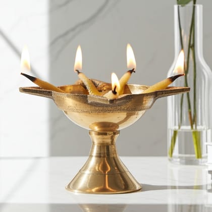 Brass Table Decor Oil Lamp Deepak 4 Wicks  - Puja Deepak for Home Temple, Height : 1.4 Inch (FMAS633 A)
