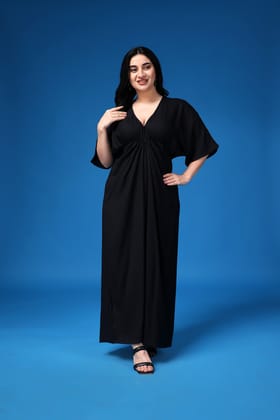Black Solid Gathered Maxi Dresss-L / Black