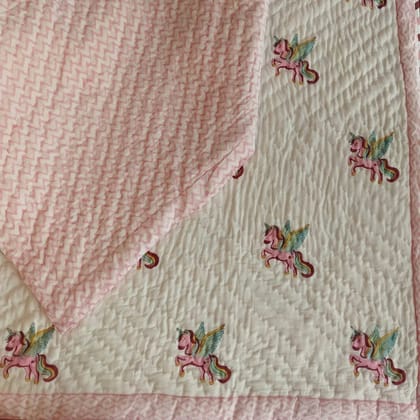 KRI India Tots Unicorn Kids Jaipuri Reversible Quilt|With customisation | 60x90 inches | Off White & Light pink | Wash & Care | 100% Cotton | Handcrafted in India. 100% organic & natural.