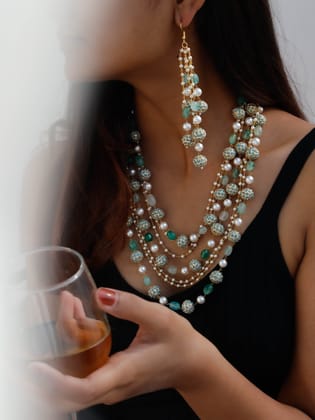 Talia Turquoise Pearls Necklace Set-Turquoise