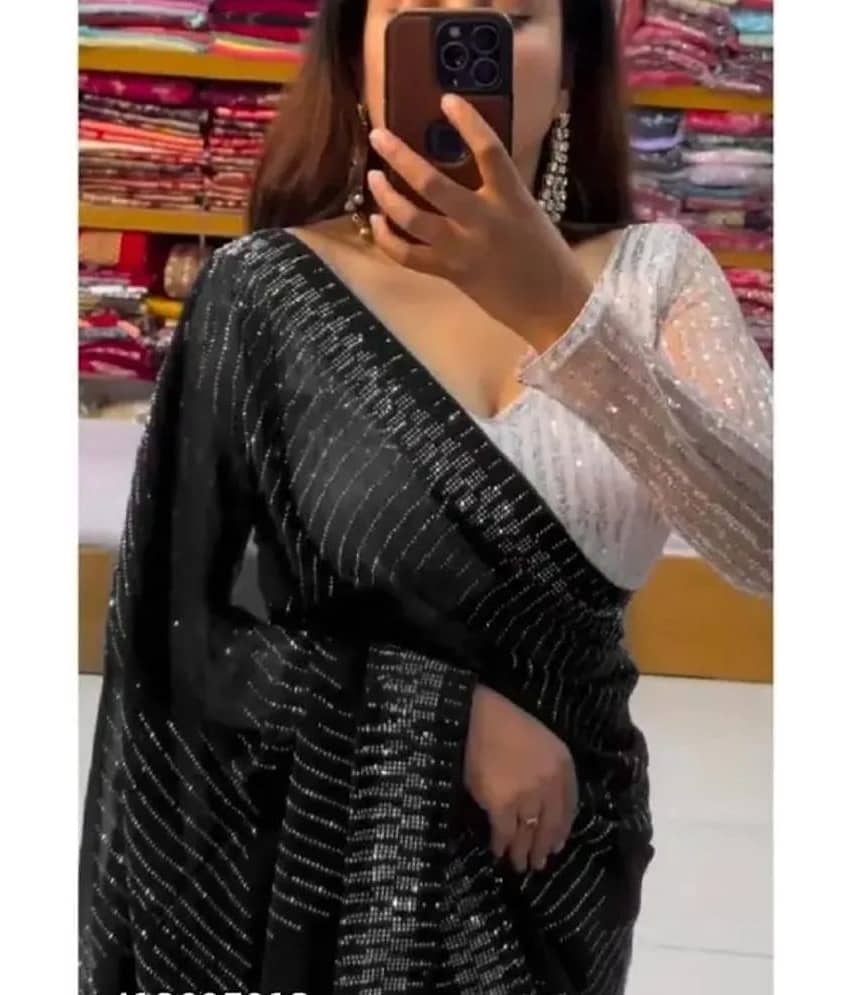Gullak Georgette Embellished Saree With Unstitched Blouse Piece ( Black )