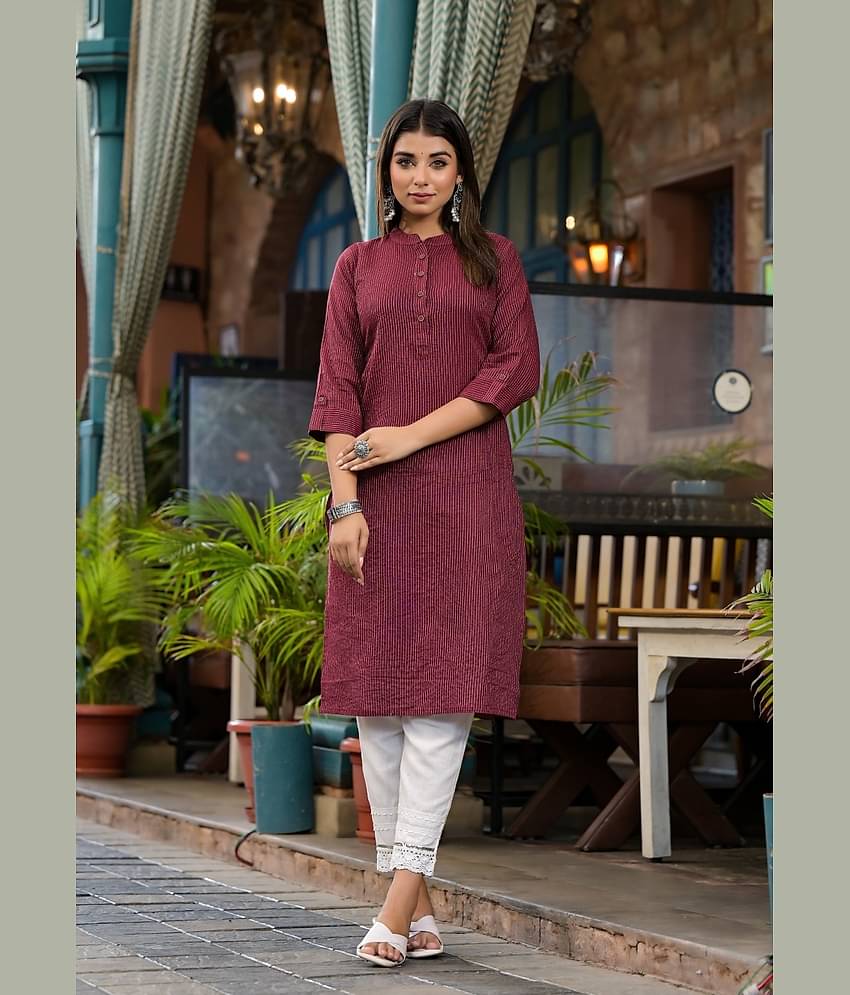Juniper Cotton Striped Straight Women's Kurti - Maroon ( Pack of 1 )