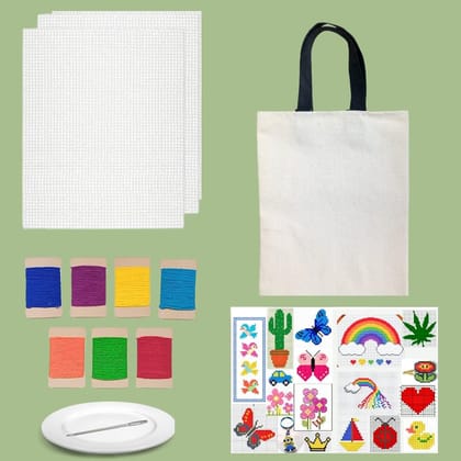 The brown box� Kids Cross Stitch Embroidery Kit � Beginner Needlecraft Set with Plastic Canvas, Rainbow Wool Yarn, Large-Eye Steel Needles, and DIY Canvas Bag for Creative Art and Craft Projects