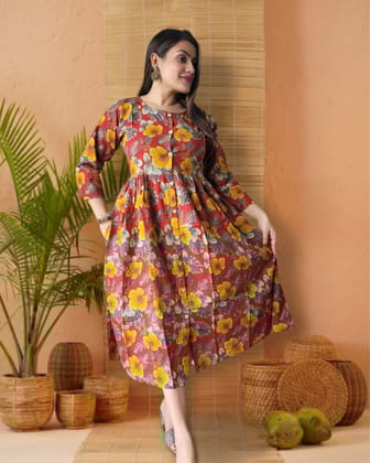 Nazakat Blockprinted Multicolor Cotton Long Dress-36 (S)
