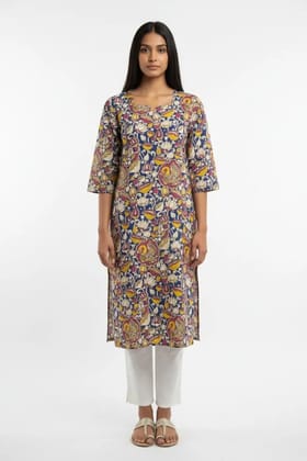 Pedana Kalamkari Screen-Print Cotton Kurti in Beige Floral