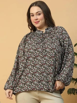 Multicolor Floral Print Long Sleeve Smocking Detail Plus Size Women Top-2XL
