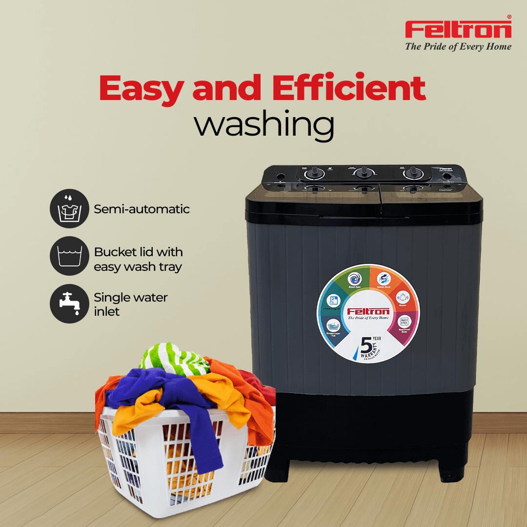 Feltron 7.5 Kg Semi Automatic Top Load Washing Machine Grey, Black Transparent Glass Lid