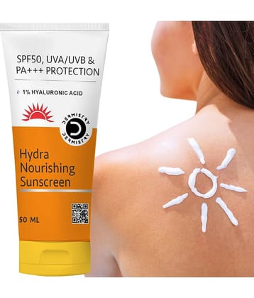 Dermistry 1% Hyaluronic Acid Hydra Nourishing Hydrating Sunscreen Aqua Glow Gel for Dry Skin & All Skin Types SPF 50 UVA UVB PA+++ Protection Cream Quick Absorbed Lightweight Moisturizer Non Tinted Non Greasy Water Sweat Resistant No White Cast Lotion-50m