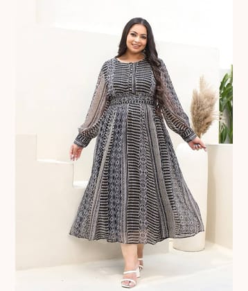 Juniper Women Chiffon Printed Fit & Flare Dress ( Black )