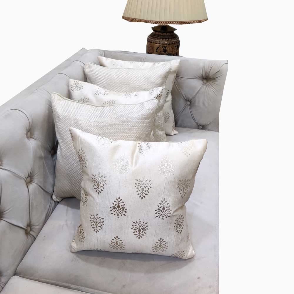 GOODVIBES Polyester Cream Silver Floral Foil Printed Combo Square Cushion Covers (40 cm*40cm, 16 x 16 inch) Pack of 5 - Flowers | Buy online on ZillyBuy