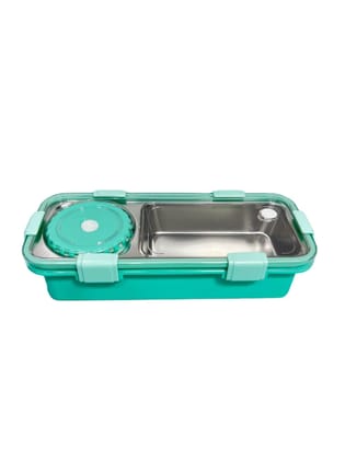 One Compartment Lunch Box 750ml with Spoon and Chopsticks + Bowl, 304 SUS Stainless Steel Bento Box for Office and School (Green)