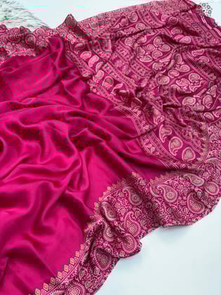 New Wedding Wear Rani Color Pure Satin Silk Ajrak Printed Rich Pallu n Tussles Work Fancy Designer Saree