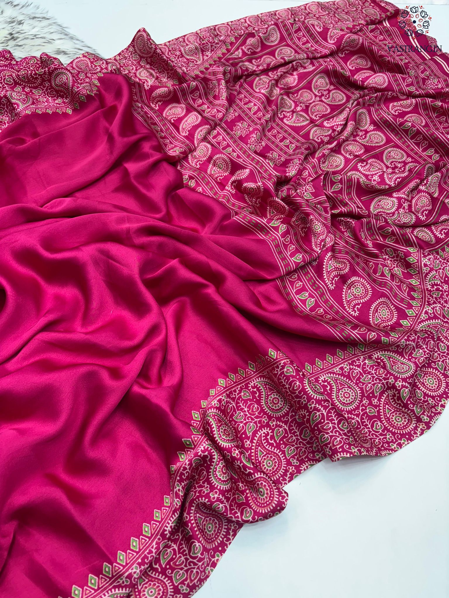 New Wedding Wear Rani Color Pure Satin Silk Ajrak Printed Rich Pallu n Tussles Work Fancy Designer Saree