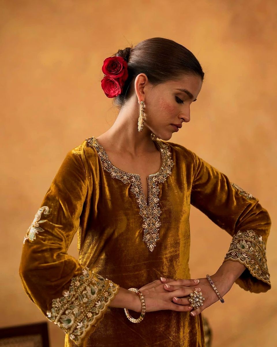 Shiv Textiles Women's Yellow Velvet Suit Set with Dupatta Size M Sequence Work Party Wear Ethnic Ensemble Premium Winter Fashion Traditional Indian Outfit Ready to Wear