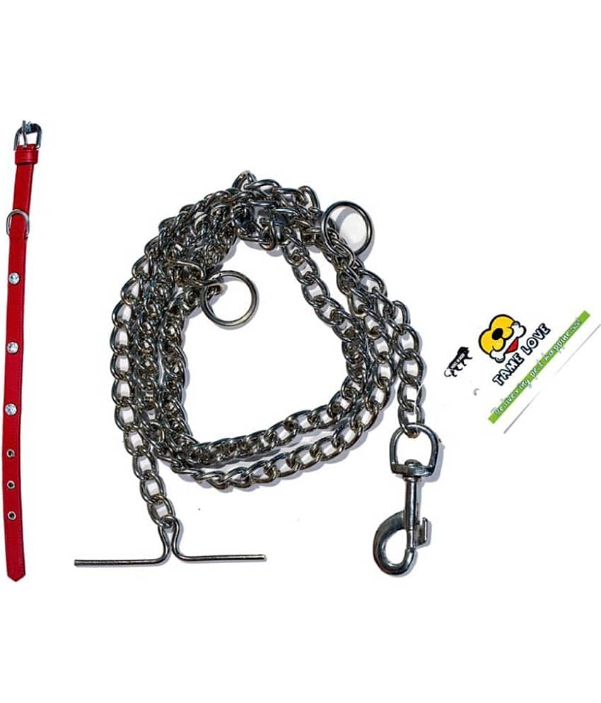 Tame Love Premium quality imported stone stud fancy Collar leash for giant dogs (1.25 inches) available in Pink color and Brass Hook Stainless Steel Leash for dog (152 cm)