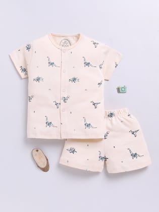 Dino Beige Cotton Half Sleeves Nightwear Set-3-6 m