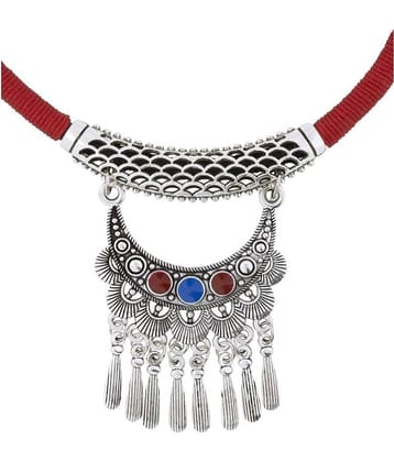 The Jewelbox Tibetan Tribal Oxidised German Silver Enamel Filigree Red Green Cotton Thread Necklace For Girl Women