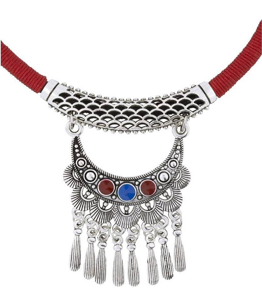 The Jewelbox Tibetan Tribal Oxidised German Silver Enamel Filigree Red Green Cotton Thread Necklace For Girl Women