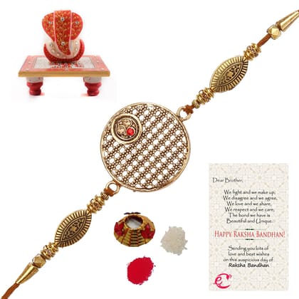 Designer Rakhi with Ridhi Sidhi Marble chowki and Roli Tikka Matki, Best Wishes Greeting Card
